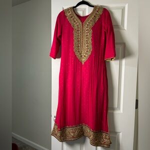 Indian Elegant hot pink and Gold zardosi and zarcan stone work chiffon 3ps suit